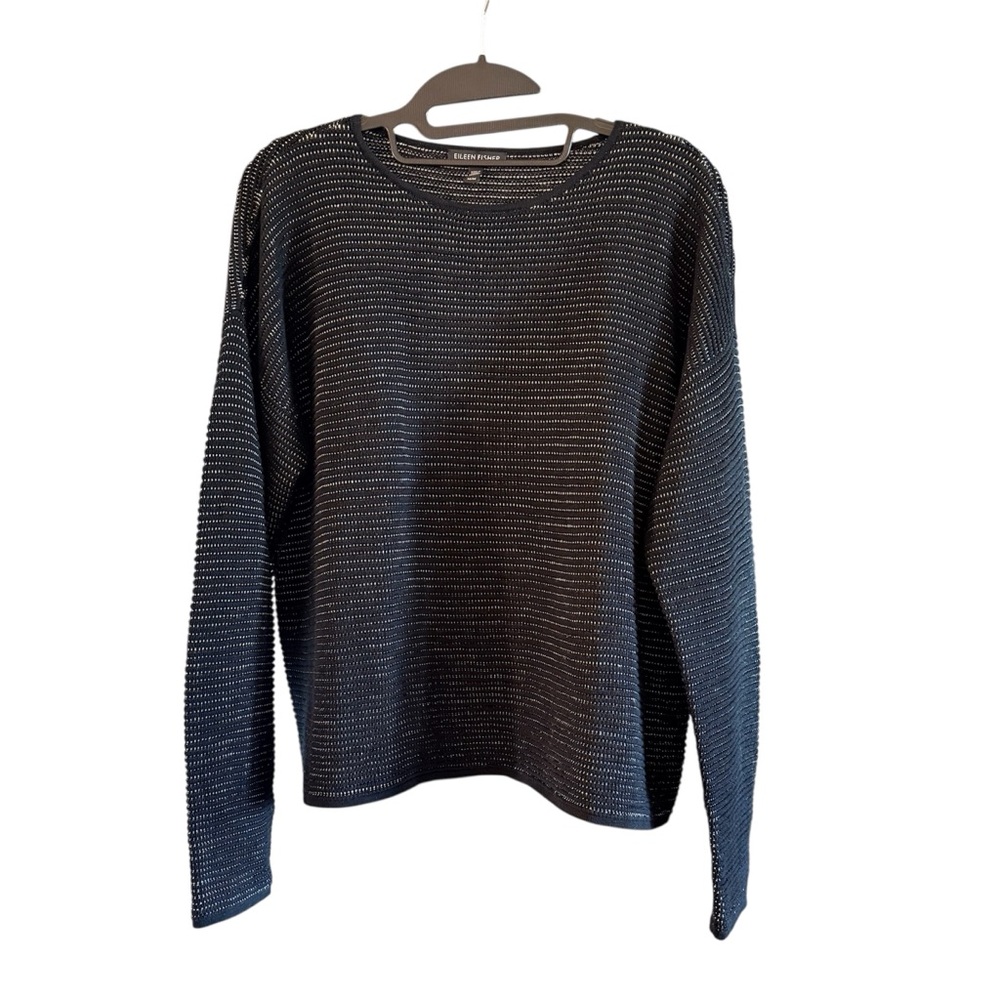 Eileen Fisher Womens Sweater Black White Knit Stripe Long‎ Sleeve Jewel Neck M